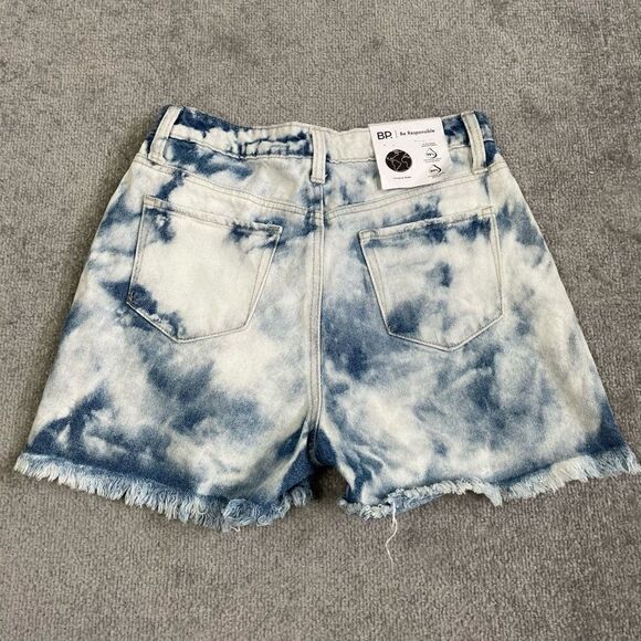 BP. Denim Jean Shorts Women's 27 Blue Tie Dye Bleached Frayed Cotton High Rise - Picture 3 of 6